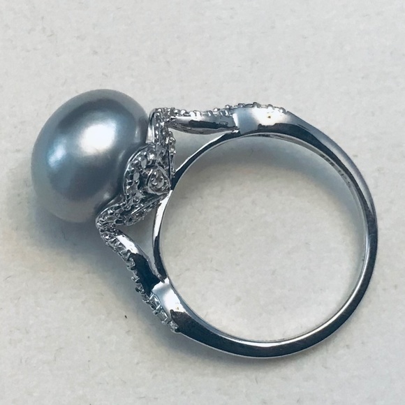 Genuine Cultured Grey Pearl & Zircon Princess Ring - Picture 10 of 11